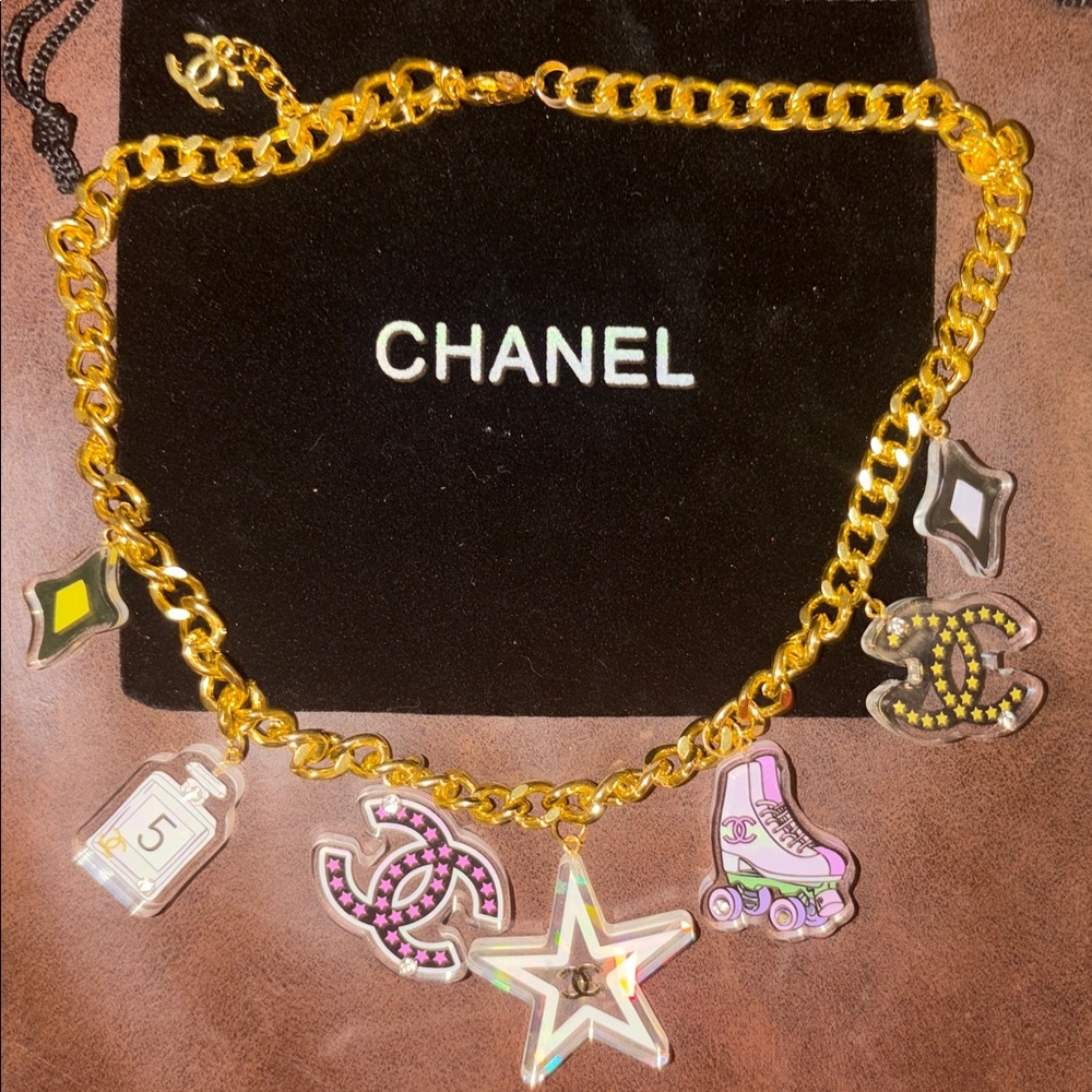 CHANEL Gold Chain Charm Necklace with Pink, White, Yellow & Black Enamel Charms - Picture 2 of 6